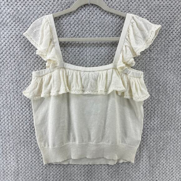 Ann Taylor Top Womens L Ivory Knit Stretch Linen Flounce Ruffle Square Neck NEW - Picture 4 of 10